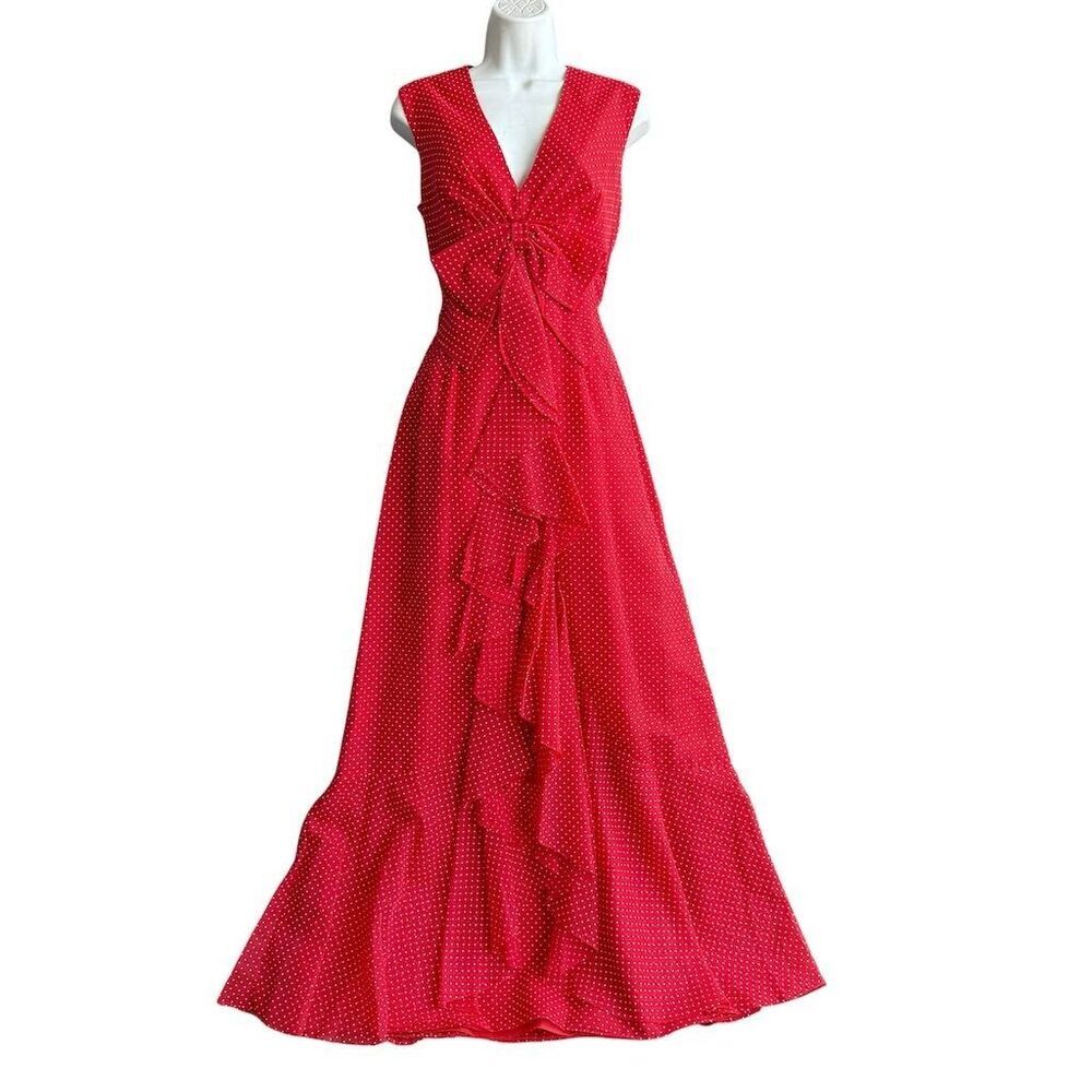VTG Miss Elliette Polka Dot Maxi Dress 12 Red Resort Wear Ruffle Cottagecore